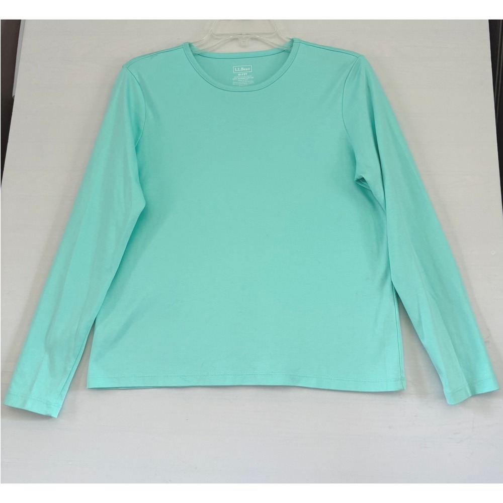 LL Bean Women M Petite Supima Cotton Long Sleeve Tee Aqua Mint Green 278729